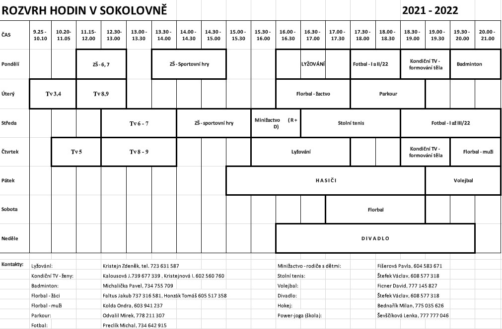 Rozvrh hodin v sokolovně