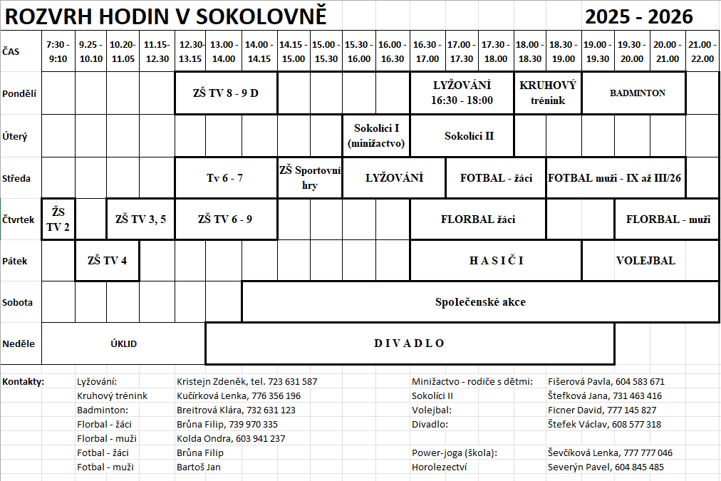 Rozvrh hodin v sokolovně